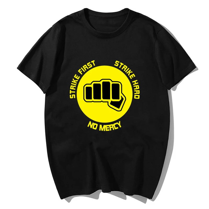 

2020 Mens Cobra Kai season 3 Strike Hard Strike First No Mercy T-Shirt Graphic Tee Shirt Male Classic Tshirt Plus Size XS-3XL