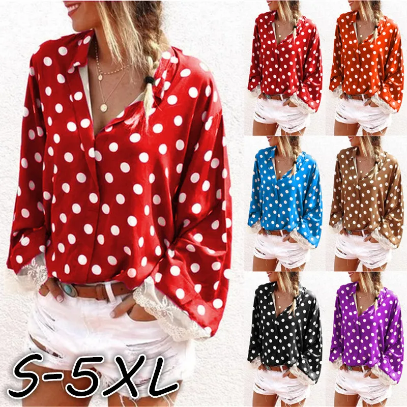 

2020 NEW Autumn and Winter Women Polka Dot Printed Sweet Lace Stitching V Neck Loose Blouse