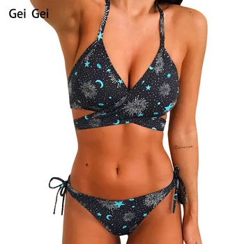 

New Sexy Bikini Women's Summer Print Biquini Suit Brazil Beach Push-ups Star Moon Lace Up Low Waist Thong Biquini Swimsuit