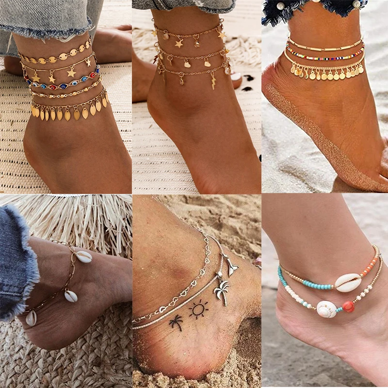 Boho Multilayer Gold Lightning Leafs Foot Bracelets Set for Women Vintage Multicolor Bead Beach Anklet Bohemian Female Jewelry Boho Multilayer Gold Lightning Leafs Foot Bracelets Set for Women Vintage Multicolor Bead Beach Anklet Bohemian Female Jewelry