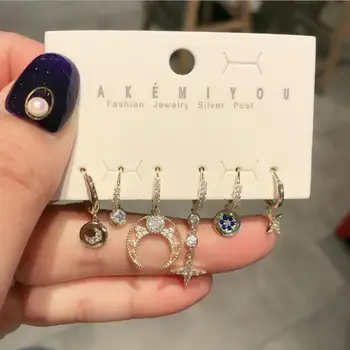 

6-piece wax-set blue zircon moon octagonal exquisite earrings