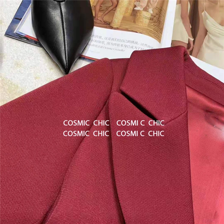 Cosmicchic Women Solid Wool Blazer Runway Design Long Sleeve Pocket Lady Jacket Single Breasted Red Chic Blazer Office Wear
