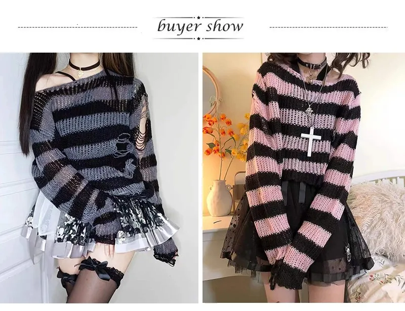 Punk Gothic Short Sweater 2021 Summer Women Sexy Striped Cool Hole Broken Jumper Loose Alt Emo Dark Streetwear Y2k Top Unisex