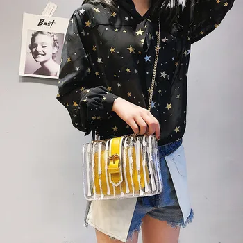 

Women Clear Transparent PVC Messenger Crossbody Bag Chains Candy Color Jelly Summer Beach Bag 2Pcs Women Handbag