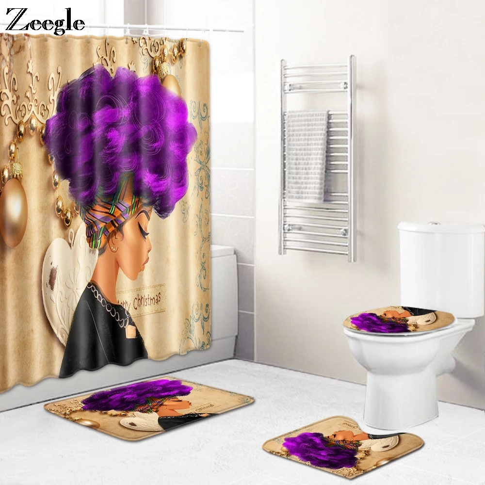 Zeegle African Girl Shower Curtain Waterproof Bathroom Curtain Anti-slip Bath Mat Set Toilet Cover Seat Mat Absorbent Foot Mat