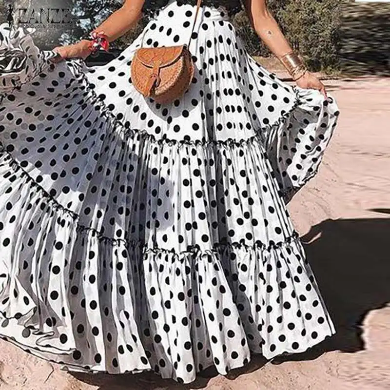 

2019 Summer Women Polka Dots Skirt ZANZEA Female Pleated Maxi Long Skirts Korean Fashion Jupe Femme Ruffles Large Swing Skirts