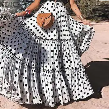 

2020 Summer Women Polka Dots Skirt ZANZEA Female Pleated Maxi Long Skirts Korean Fashion Jupe Femme Ruffles Large Swing Skirts