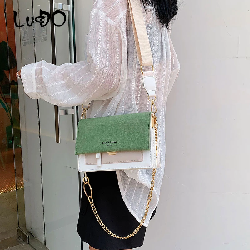 Модные кожаные сумки контрастного цвета через плечо для женщин, новинка, на цепочке, широкий плечевой ремень, маленькая сумка через плечо