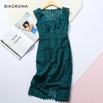 

BIAORUINA Women's French Style Vintage Sleeveless Lace Hollow Out Straight Slim Dress Ladies Elegant Solid High Waist Sexy Dress