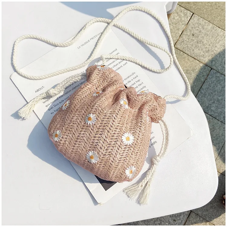 

Summer Flower Lace Straw Bags Women Shoulder Messenger Bags Mini String Bucket Boho Beach Holiday Women Bags