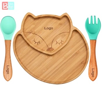 3PCS Baby Feeding Bowl DIY Baby Name Child Dinner Plate Cartoon Fox Bamboo Kids Feeding Dinnerware With Silicone Suction Cup 1