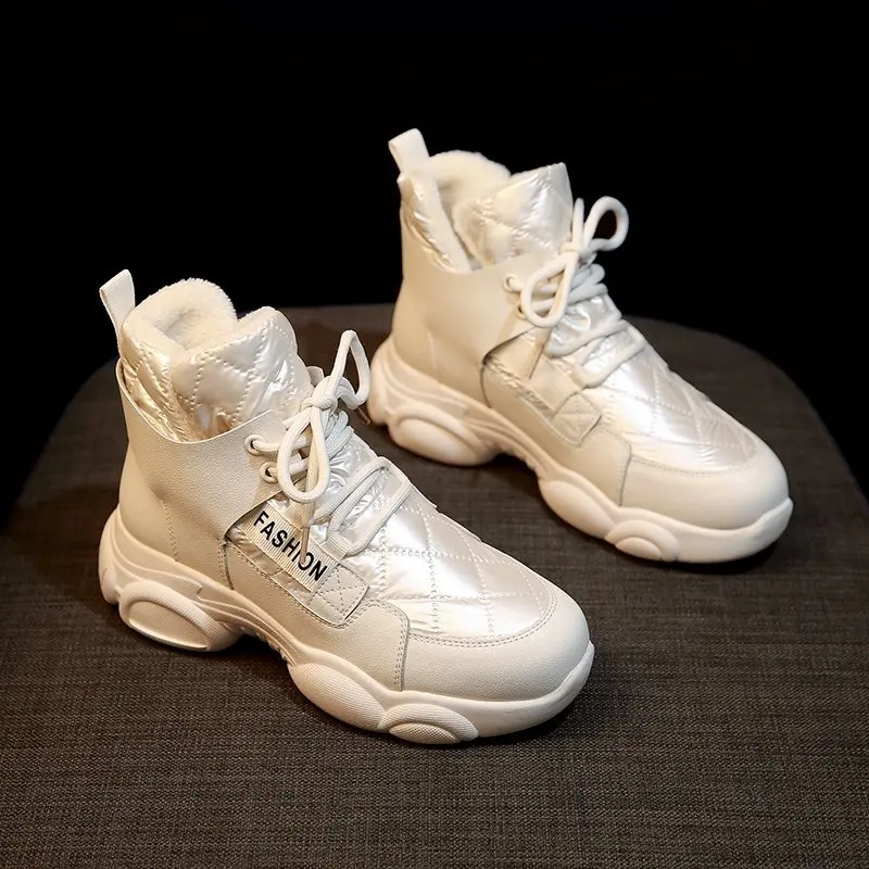Woman Fashion 2021 Shoes Lace Up Snow Boots Patent Leather Winter Ankle Boots Patchwork Warm Plush Boots Female Women Shoes