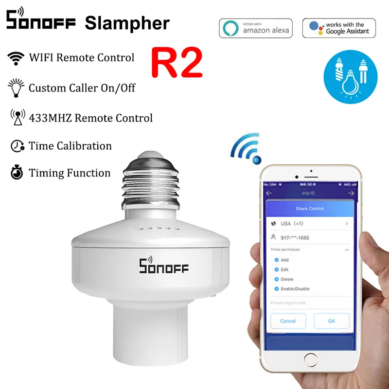 Смарт-выключатель Sonoff Slampher R2 RF 433 МГц управление через приложение E27 Wi-Fi |