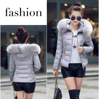 

Women Winter Down Cotton Warm Jacket Short Fur Collar Hooded Coat Parka