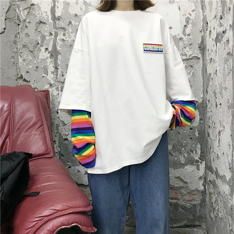 Neploe Korean Harajuku Patchwork T Shirts Fake Two Pieces Rainbow Striped Long Sleeve Casual T-shirt O-neck Women Top Tees 55252