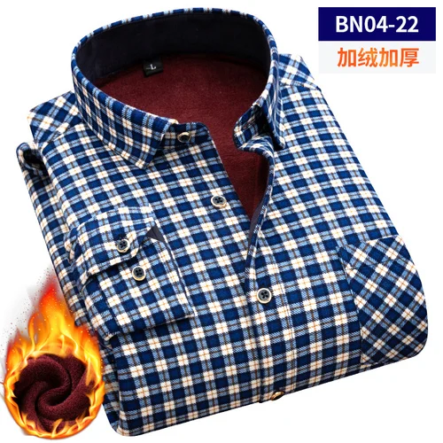 BN04-22 Winter Warm Men's Plaid Shirt Casual Slim Fit Man Shirts Thicken Shirts New Arrival Male Middle-aged father Tops Plus Size L-5XL - Цвет: BN04-22
