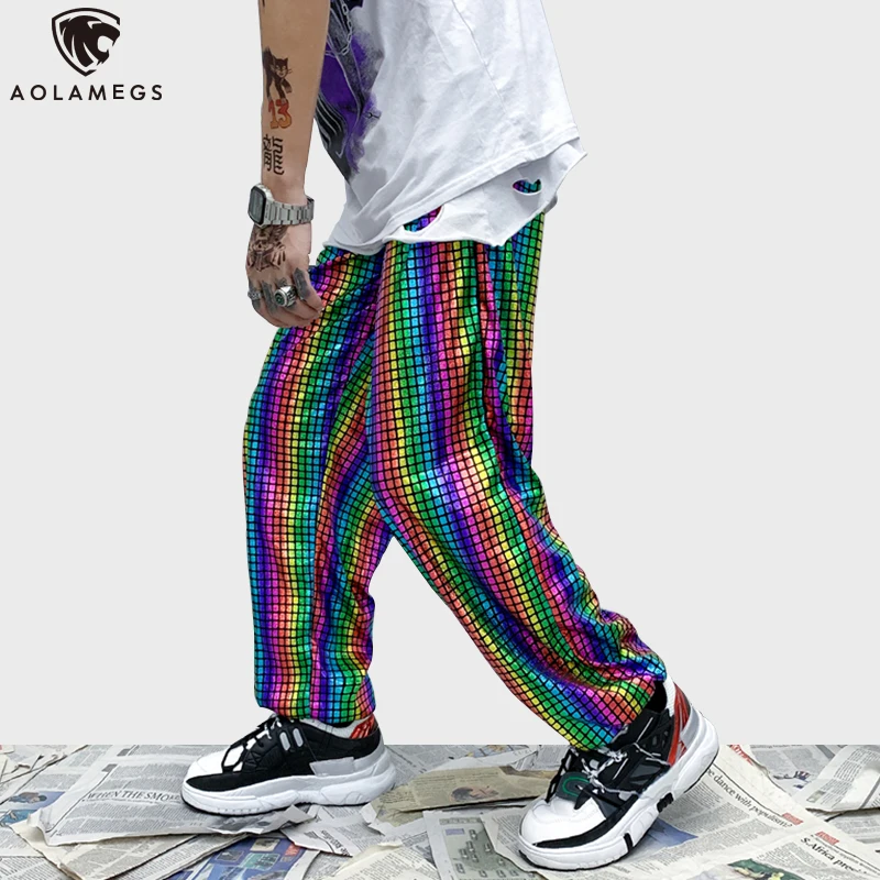 

Aolamegs Pants Men Hip Hop Baggy Pants Casual Streetwear Male Costumes Personality Hit Color Trousers Rock Hipster Sweatpants