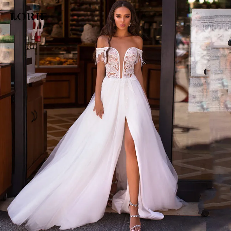 

LORIE Princess Wedding Dresses 2021 Off The Shoulder Bride Dress Side Split Wedding Gowns Illusion Back Vestido De Novia