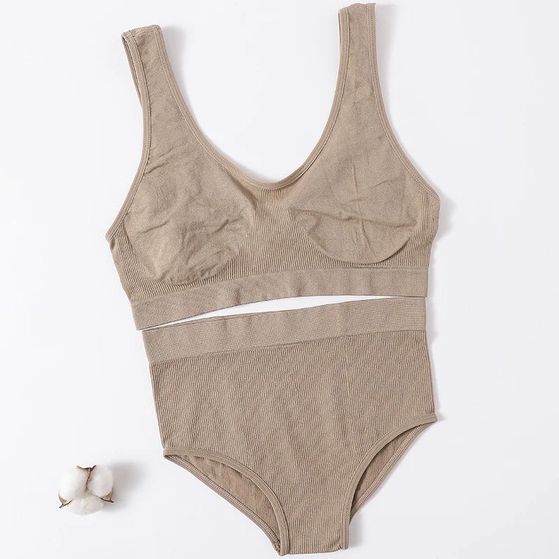 Women Seamless Bra Set Sexy Lingerie Set Rib Top Bra High Waist Briefs Panties Wirefree Bralette women lingerie set,women underwear set,sexy bra set