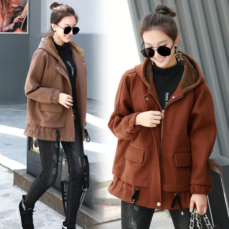 

2018 Winter New Style Hooded Woolen Jacket Women's Korean-style BF Loose-Fit Short WOMEN'S Dress Brushed And Thick Woolen Overco