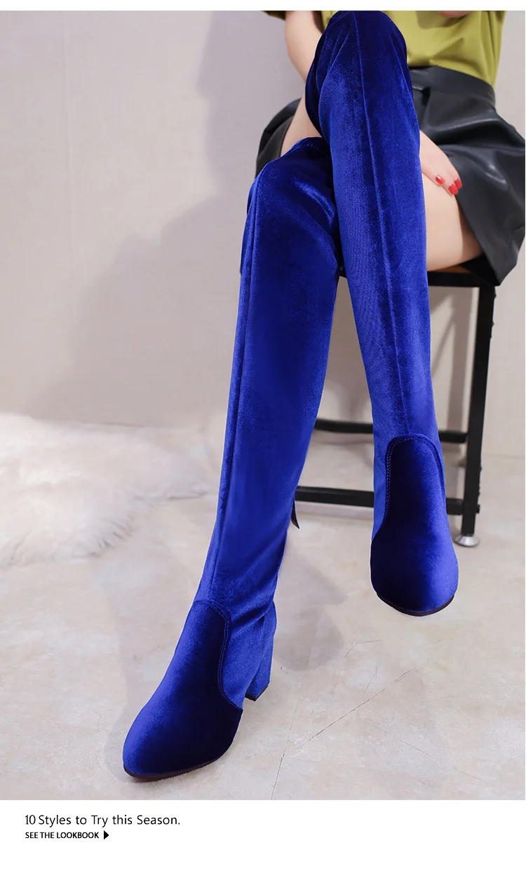 Новые модные эластичные сапоги до колена, размеры 34-43 Простые повседневные женские замшевые сапоги на высоком каблуке с круглым носком женская обувь высокий каблук(5-8 см