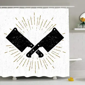 

Shower Curtain Set with Hooks 60x72 Starburst Hand with Drawn Sign Silhouette Textured Cleaver Knifes Food Drink Tool Objects