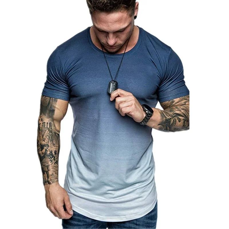 

ICCLEK 2021 Summer New Short-Sleeved Men's Gradient Round Neck Pullover Fashion Trend Casual T-shirt Oversized T Shirt