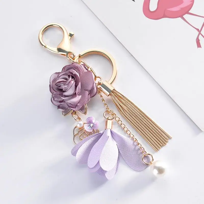 buy Keychain Fashion Korean Version Of The Small Fresh Fabric Flower Tassel Car Key Chain Creative Bag Pendant Beautiful Ornaments