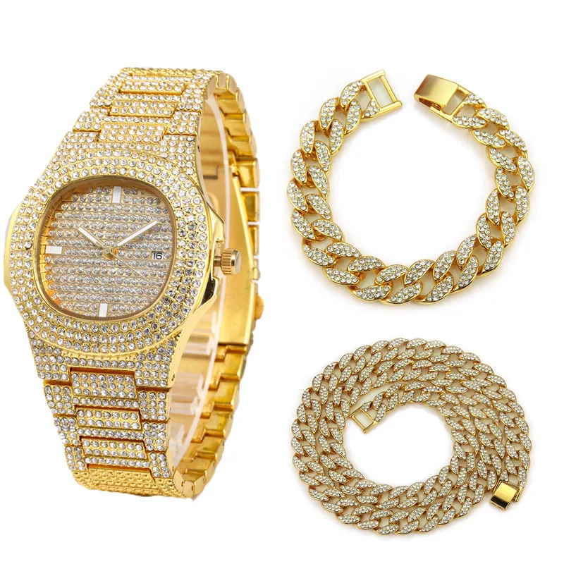 Gold 3 Pcs Set Ожерелье+ часы+ браслет в стиле хип-хоп, кантри, кубинская цепочка, золото, серебро, Iced Out, проложили стразы, CZ, Bling Rapper, ювелирные изделия для мужчин - Окраска металла: Gold 3 Pcs Set