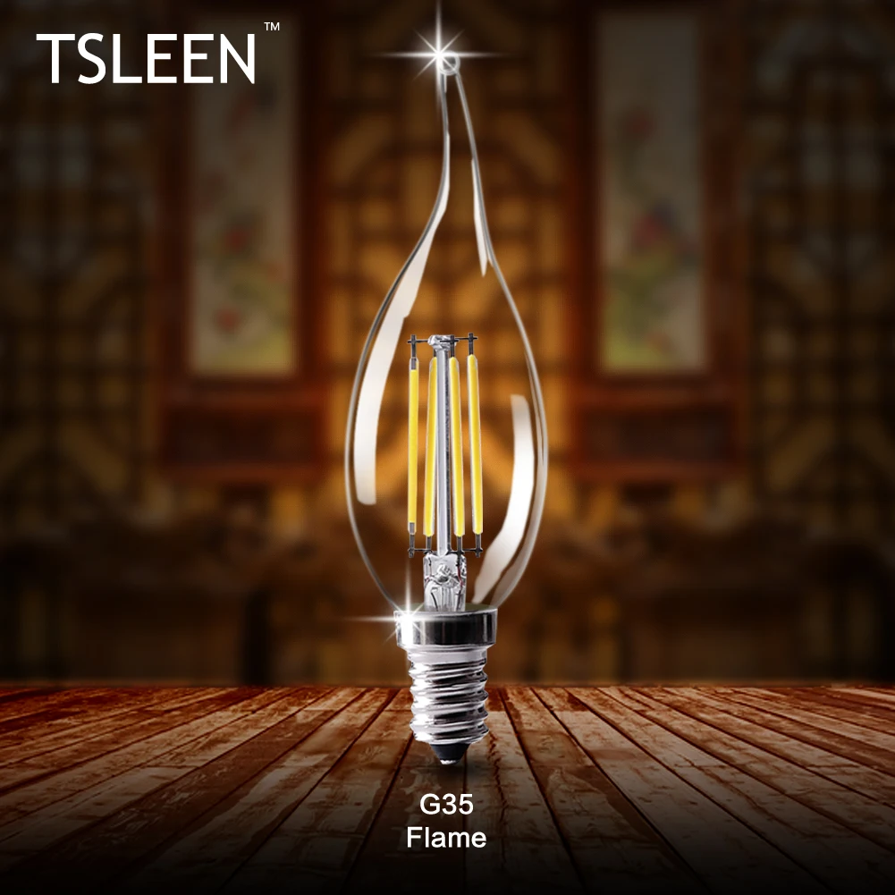 TSLEEN 6Pcs Dimmable Edison E14 LED Glass Housing Bulb C35 Candle Light E12 Filament Led Lamp 8W 110V 220V Replace Incandescent - Испускаемый цвет: Flame