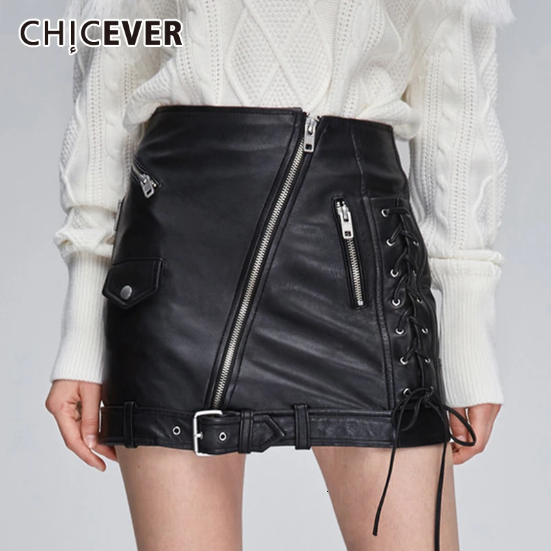 

CHICEVER PU Leather Lace Up Women's Skirts High Waist Pocket Zipper Bandage bowknot Mini Skirt Female 2019 Autumn Fashion New