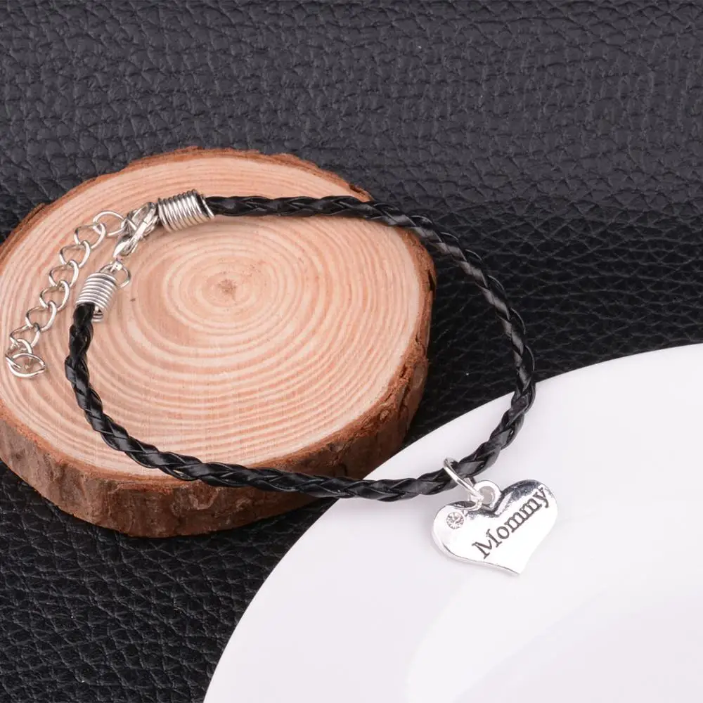 12PC Black Rope Leather Chain Bracelets Mommy Heart Pendant Bangles Family Mom Mama Mother's Day Gifts Thanksgiving Gift Jewelry