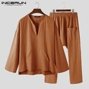 

INCERUN Men Striped Sets Long Sleeve Pockets V Neck Tops Vintage Elastic Waist Pants Streetwear Casual Mens Suits 2 Pieces S-5XL
