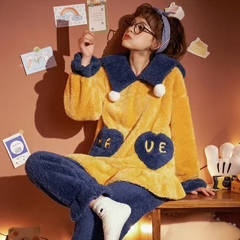 

New Coral Fleece Pajamas Women's Winter Flannel Pajamas Lapel Large Cardigan Warm and Comfortable Home Service Suit