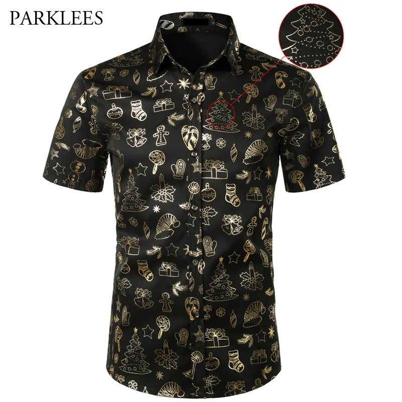 

Gold Xmas Gift Bronzing Shirts Male 2020 Fashion Short Sleeve Slim Fit Mens Chirstmas Shirt Christmas Festival Party Costume XL