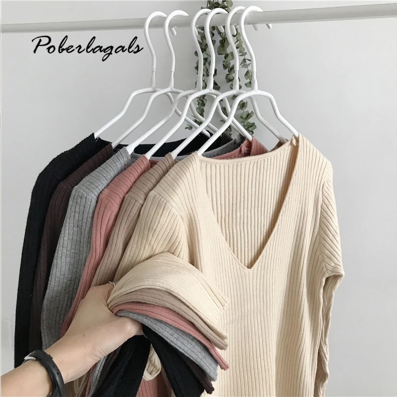 Jumper Winter V-neck Korean Sweaters Women pullovers Autumn 2019 knit Solid color Slim long-sleeved wool-blend sweaters female