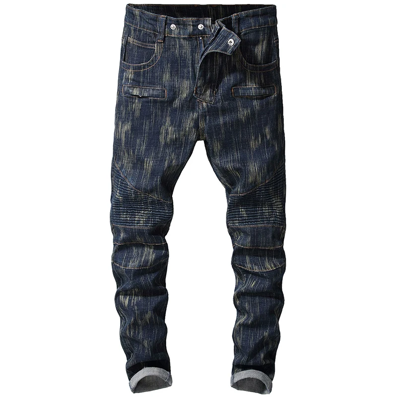 

Sokotoo Men's dark blue stretch denim biker jeans for motorcyle Plus size slim pants