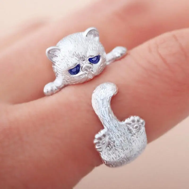 

Silver Plated Cute Cat Animal Lady Ring Boutique Jewelry Lady Open Party Indelible Ring Cocktail Ring Anniversary Birthday Gift