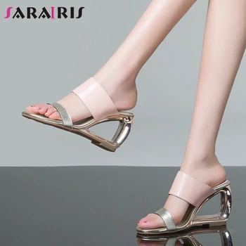 

SARAIRIS Genuine Leather Dress Mules Women Elegant Dating Mules Ladies New Hot Sale Luxury Brand High Hollow Heels Shoes