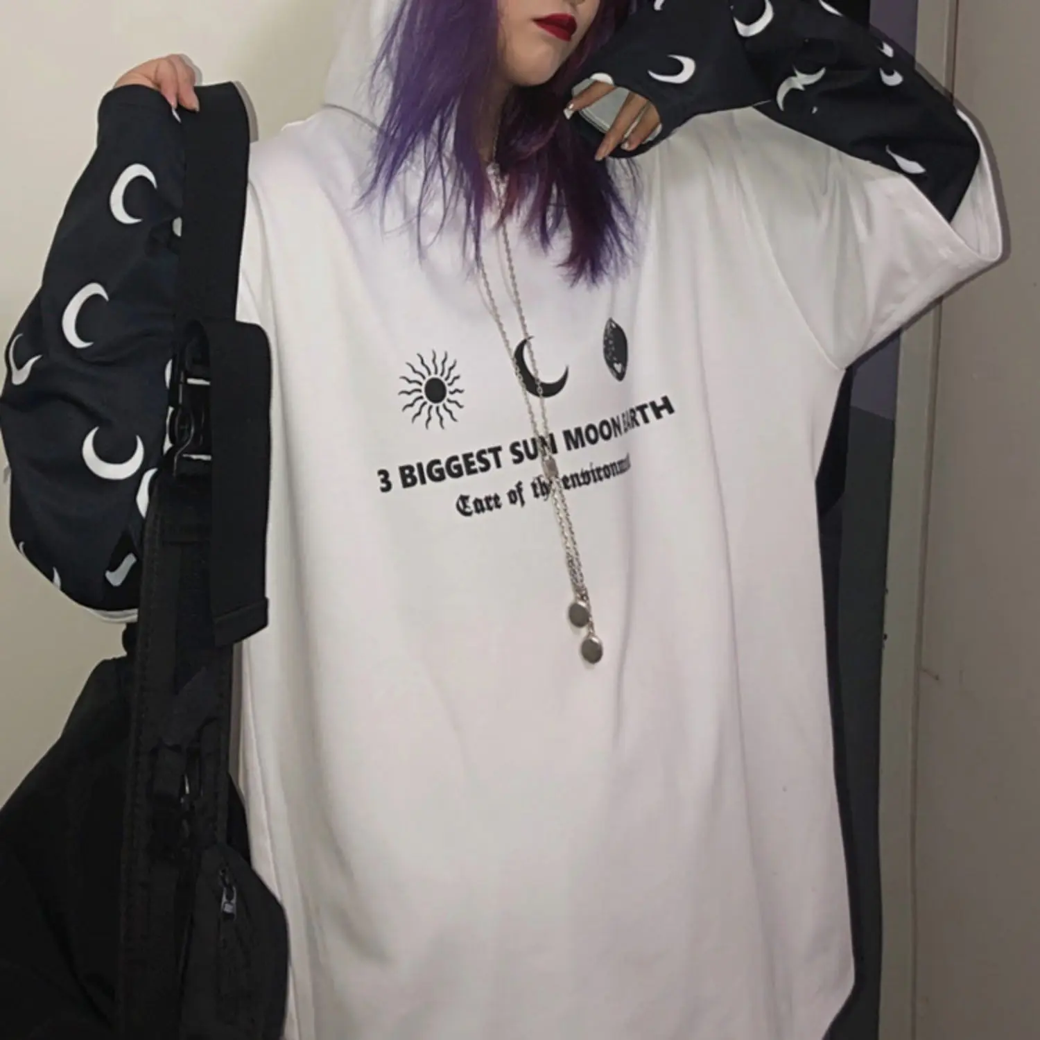 Harajuku уличная Винтажная Футболка для женщин, одежда, осень, корейский Ulzzang, с принтом, с капюшоном, Футболки женские, полный поддельные два