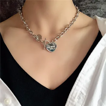 

2019 Chunky Punk Hip Hop letter love Heart Choker Necklace Coin Silver color Link Chain pendant necklace accesory mujer Jewelry