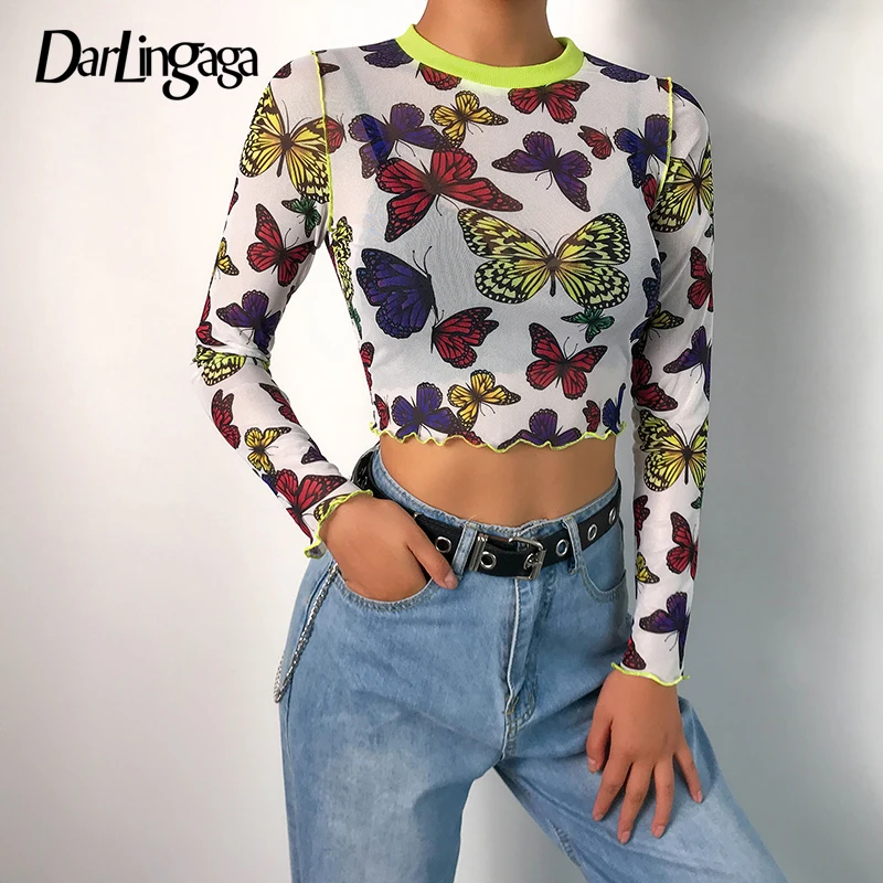 Darlingaga Harajuku с принтом бабочки, сетчатый топ, футболка, прозрачная, модная, шикарная, женская футболка с длинным рукавом, кроп-топы, футболки, бодикон