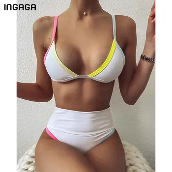 

INGAGA High Waist Swimsuits Push Up Bikini Set Swimwear Women 2020 Solid Biquini Bathing Suits String Strap Bikinis Bathers