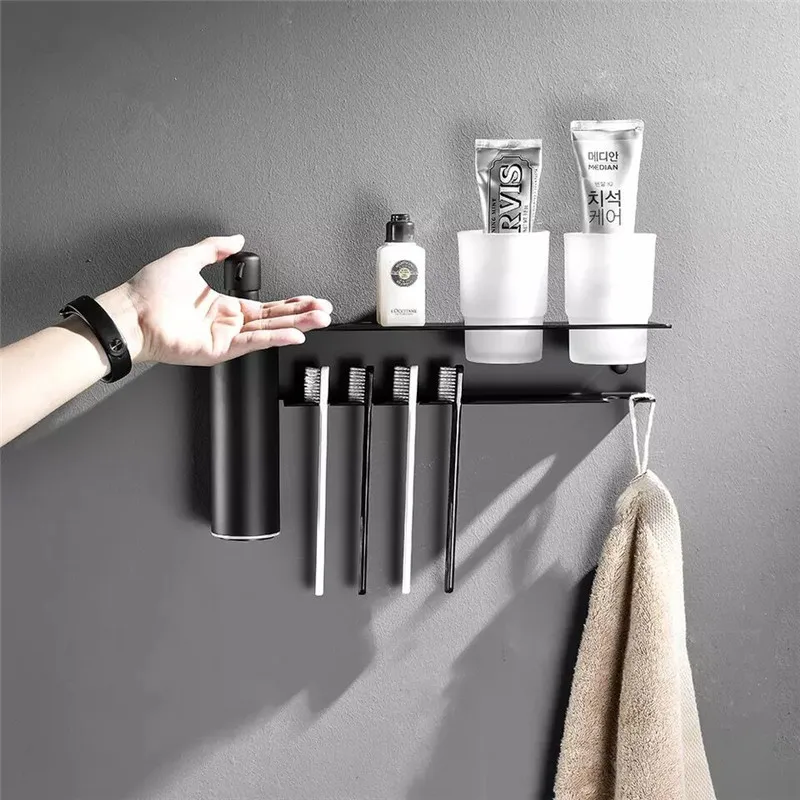 

Bathroom Shelf Stainless Steel Multi-functional Toothbrush Holder Wall-Mounted Soap Liquid Dispenser Storage Rack Towel Hooks