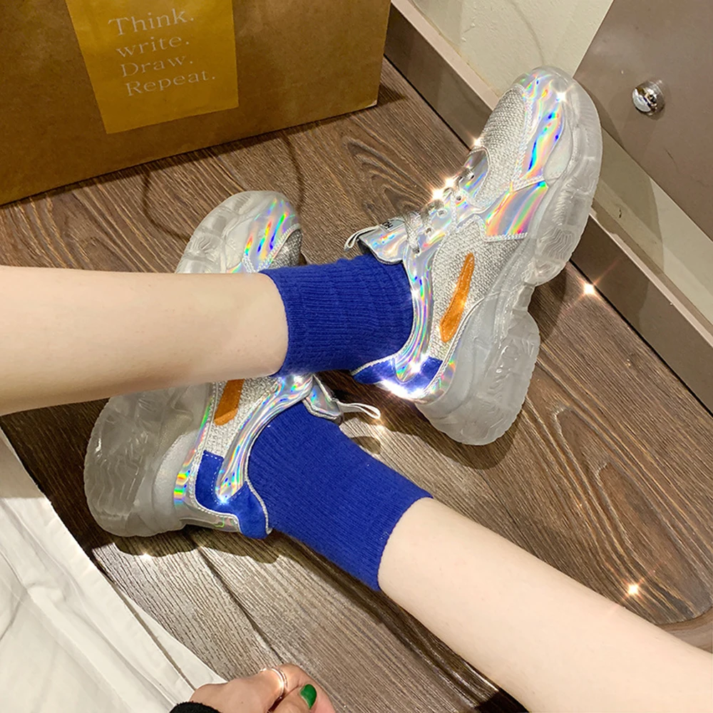 SHUJIN/Женская обувь для бега; Buty Damskie; обувь в сеточку; женские прозрачные плотные кроссовки; Повседневная блестящая обувь на платформе со шнуровкой