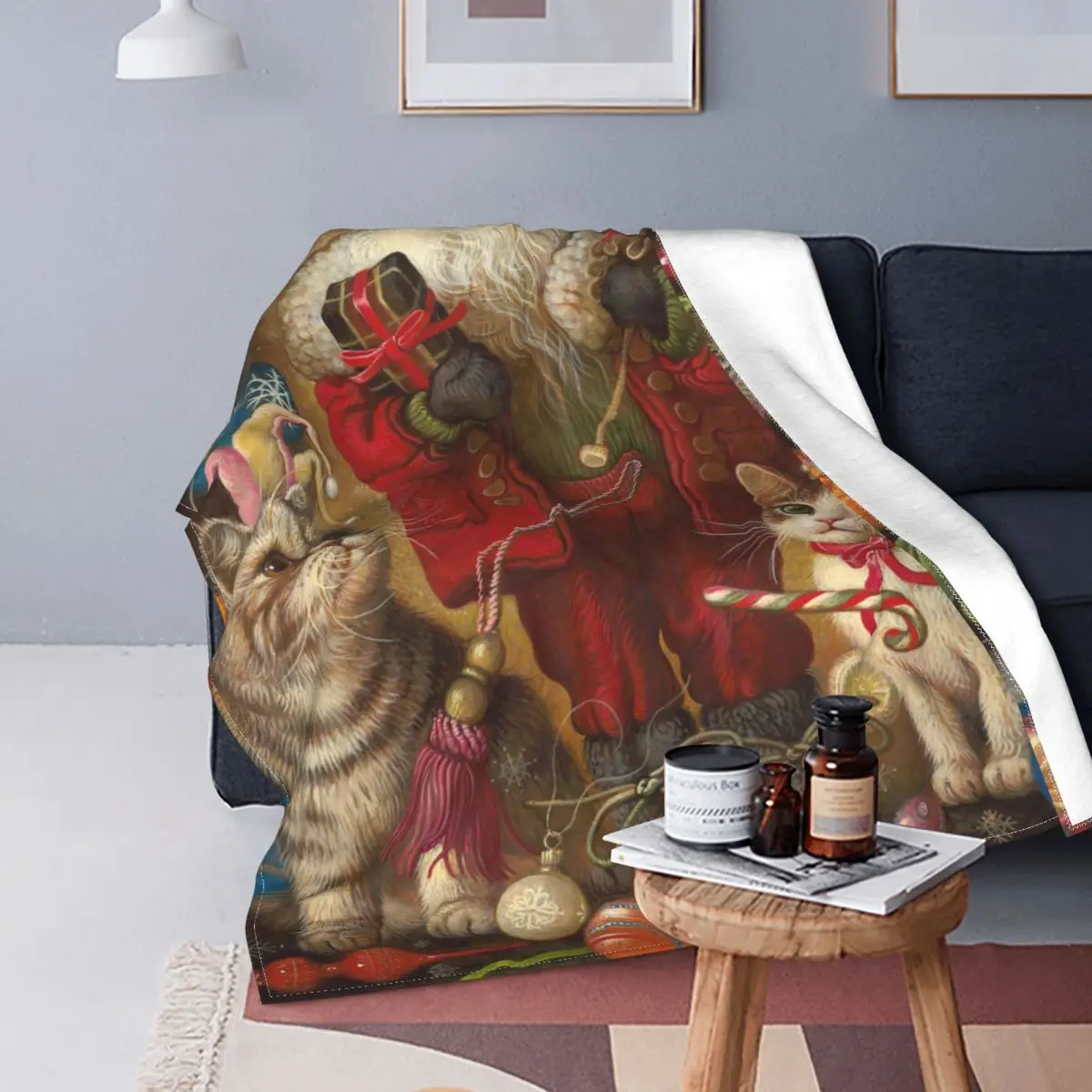

Cat Merry Christmas Knitted Blanket Santa Cat New Year Flannel Throw Blankets Airplane Travel Decoration Lightweight Bedspreads