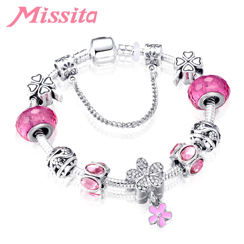 MISSITA браслет с цветком клевера момойро с розовыми муранскими бусинами Сказочный браслет Пандора для женщин, вечерние, Подарок на годовщину