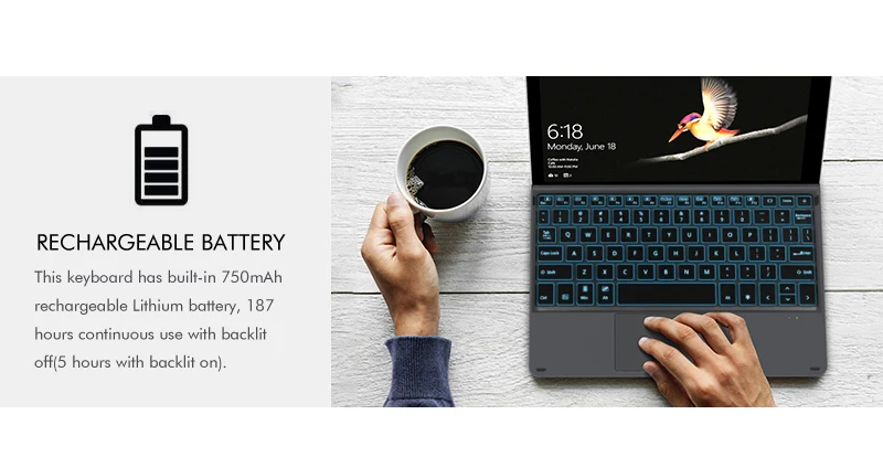 B.O.W Bluetooth беспроводная клавиатура для microsoft Surface go7, 750 аккумуляторная батарея+ 7 цветов с подсветкой+ трекпад+ тонкий дизайн