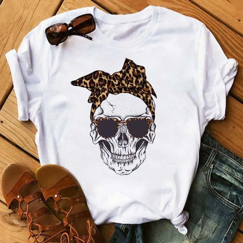 Fashion Leopard Skull Printed Women T-shirt Summer Loose Black Female T-shirt Casual Round Neck Harajuku Tops Woman Clothes 3