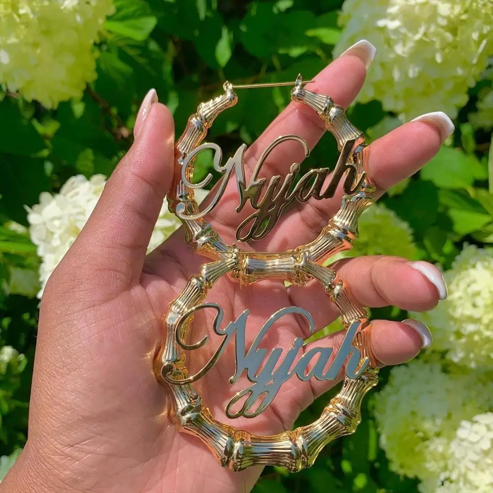 AurolaCo-pendientes de bambú personalizados para mujer, aretes de aro de bambú personalizados de 30-125MM, aretes de acero inoxidable para mujer